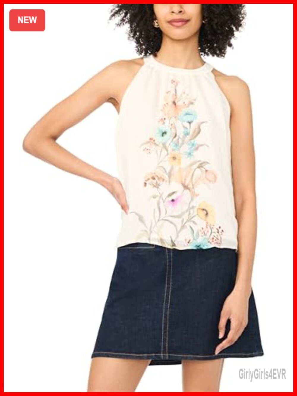 High Neck Sleeveless Blouse Floral Classic Fit Button Spring Summer